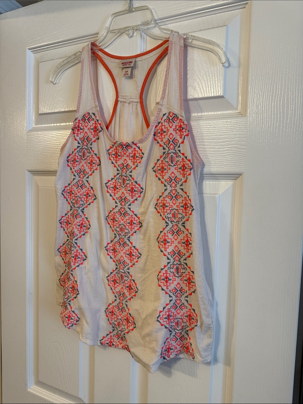 Mossimo Supply Co. White Racerback Tank with Coral and Navy Embroidery